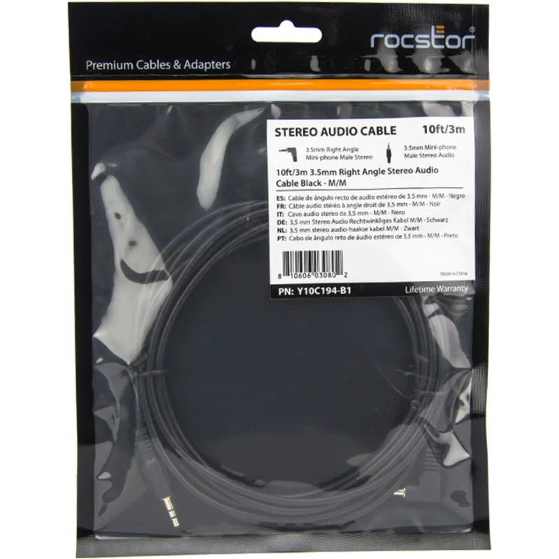 10Ft Slim 3.5Mm To Right Angle,Sterio Audio Cable Black