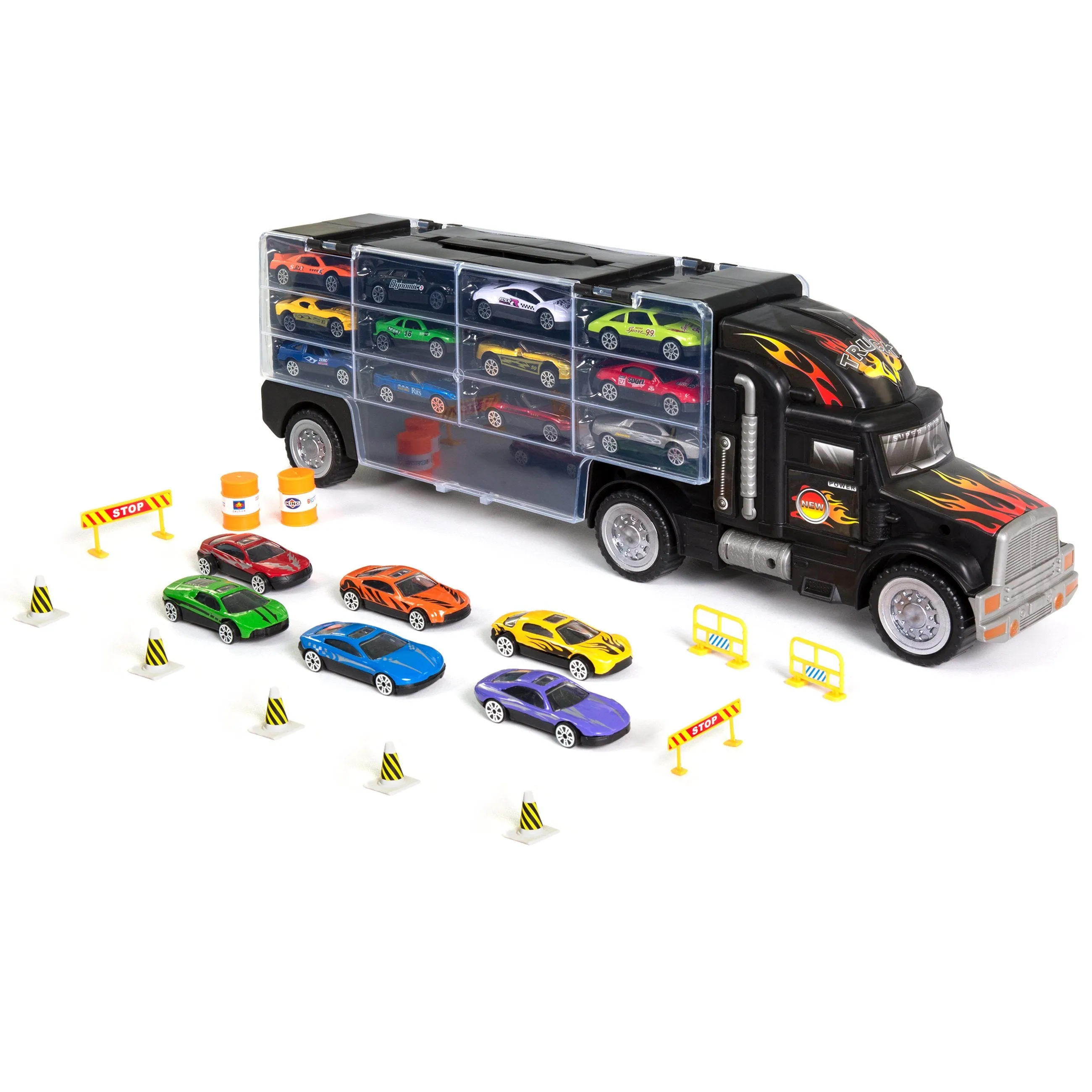 29-Piece 2-Sided Carrier Truck w/ 11 Accessories, 18 Cars - Multicolor