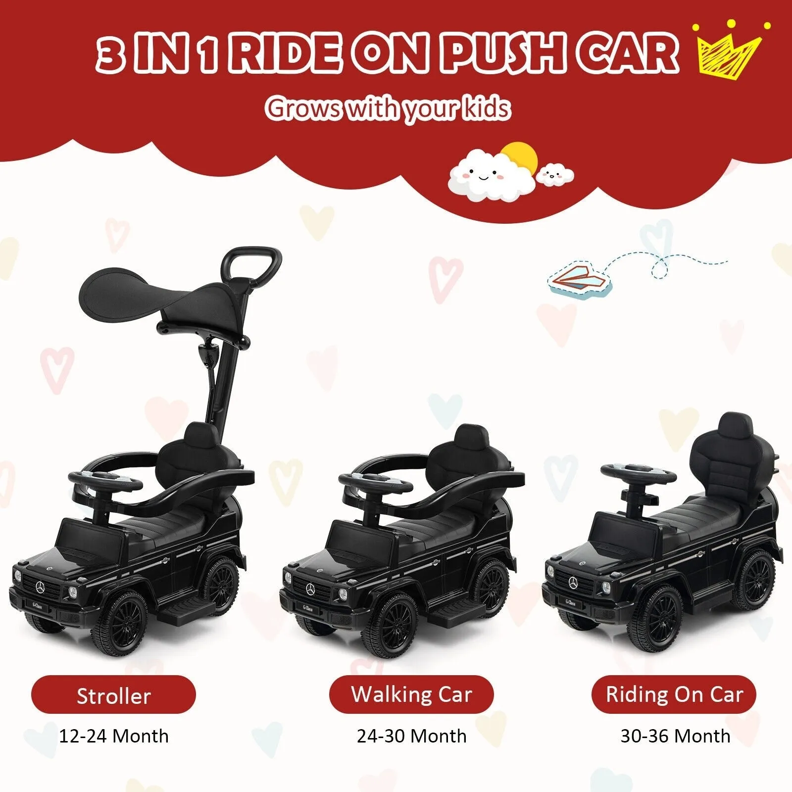 3-In-1 Ride on Push Car Mercedes Benz G350 Stroller Sliding Car with Canopy - Black