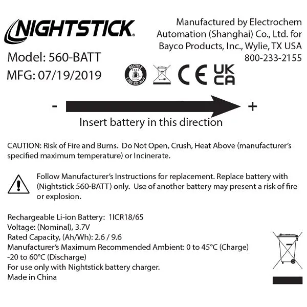 560-BATT: Rechargeable Li-ion Battery - Select Nightstick TAC/USB Series