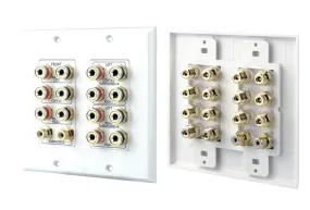 7.1 Home Theater Fourteen Post Binding/Banana Plug With Dual Rca Subwoofer Posts Wall Plate White (14 Posts/Polarity For 7 Speakers)