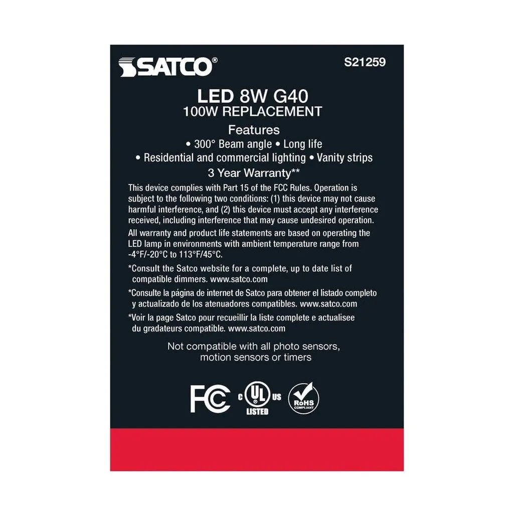 8W G40 LED - Clear - Medium base - 90 CRI - 4000K - 120V - 6PK