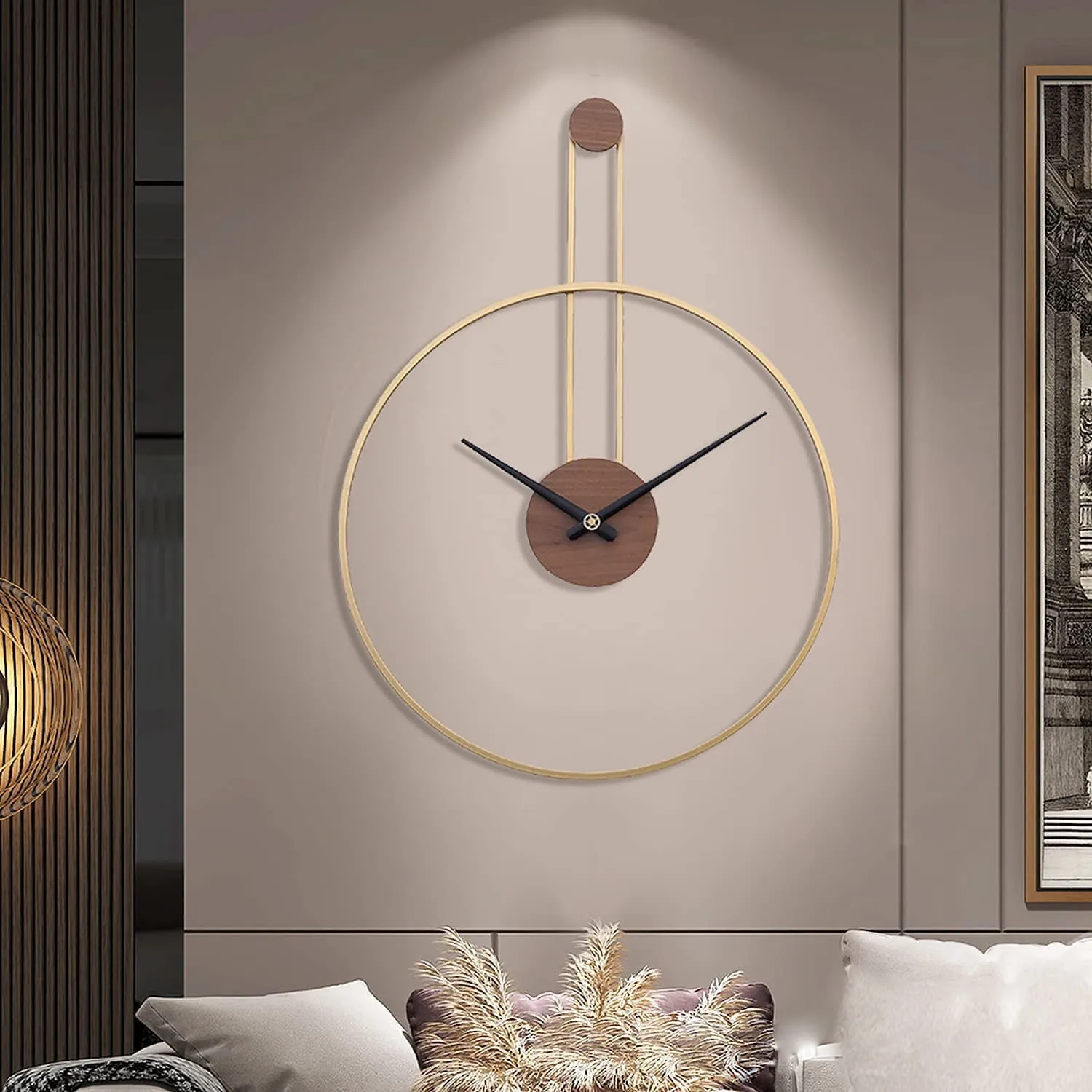 A M Export Large Decorative Wall Clock for Living Room,Metal & Walnut Dial Home Decor Silent Non Ticking Lightweight Clocks for Bedroom, Study, Office Decorations, 28.7''×21.6'',Black (Gold, Medium)