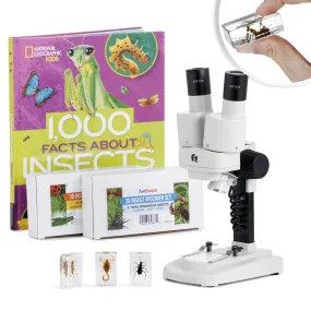 AmScope SE102 Series Portable Stereo Microscope 20X-50X Magnification with Deluxe 6pc 3D Insect Specimen Kits, Nat Geo Insect Book and Optional Digital Camera