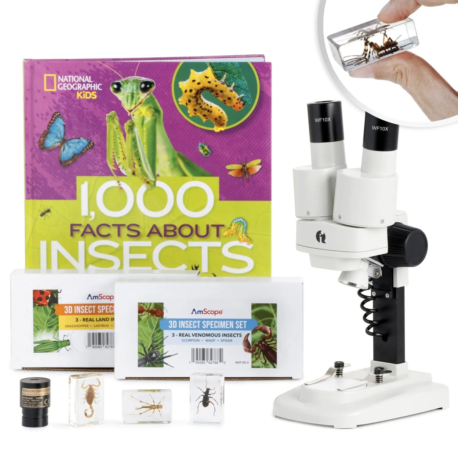 AmScope SE102 Series Portable Stereo Microscope 20X-50X Magnification with Deluxe 6pc 3D Insect Specimen Kits, Nat Geo Insect Book and Optional Digital Camera