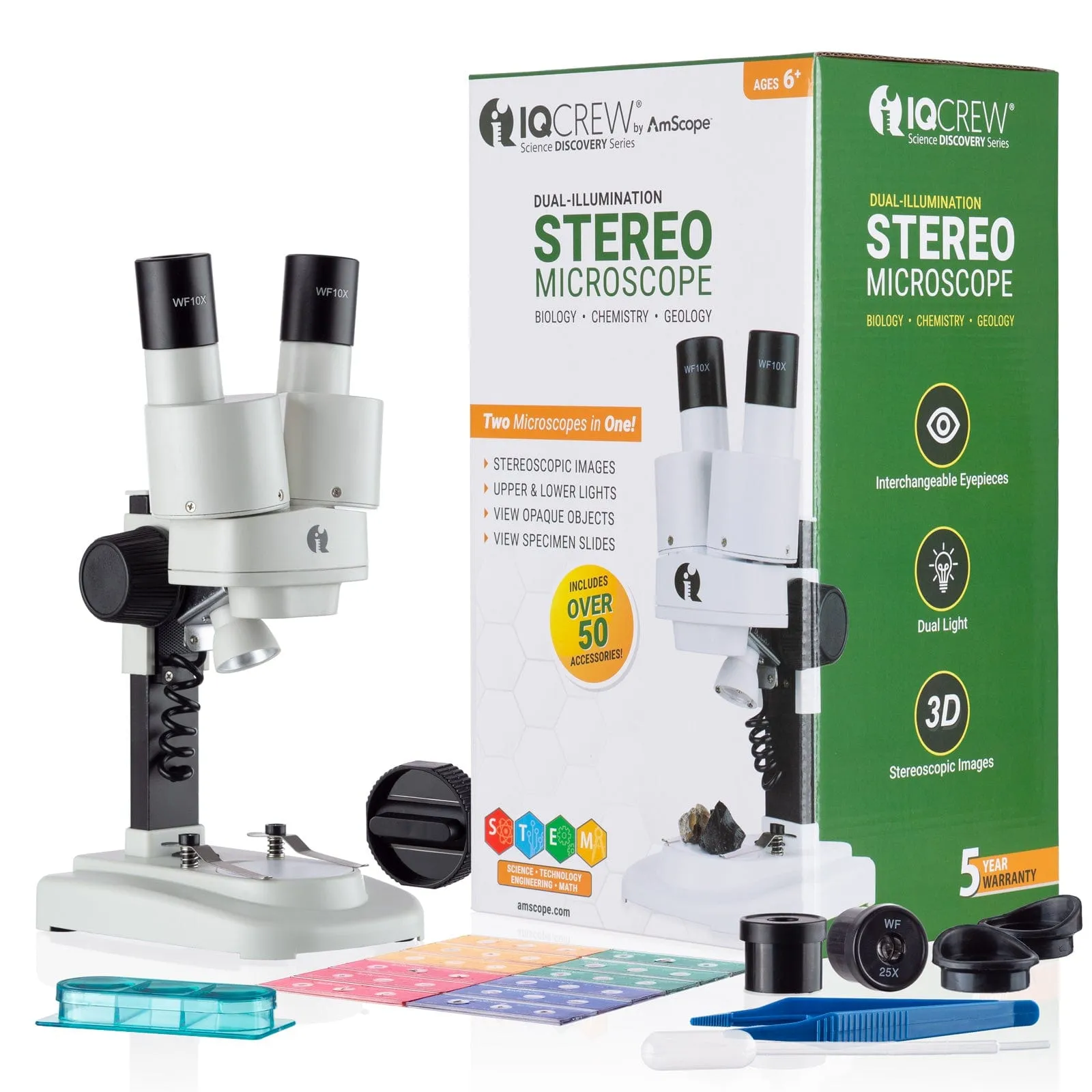 AmScope SE102 Series Portable Stereo Microscope 20X-50X Magnification with Deluxe 6pc 3D Insect Specimen Kits, Nat Geo Insect Book and Optional Digital Camera