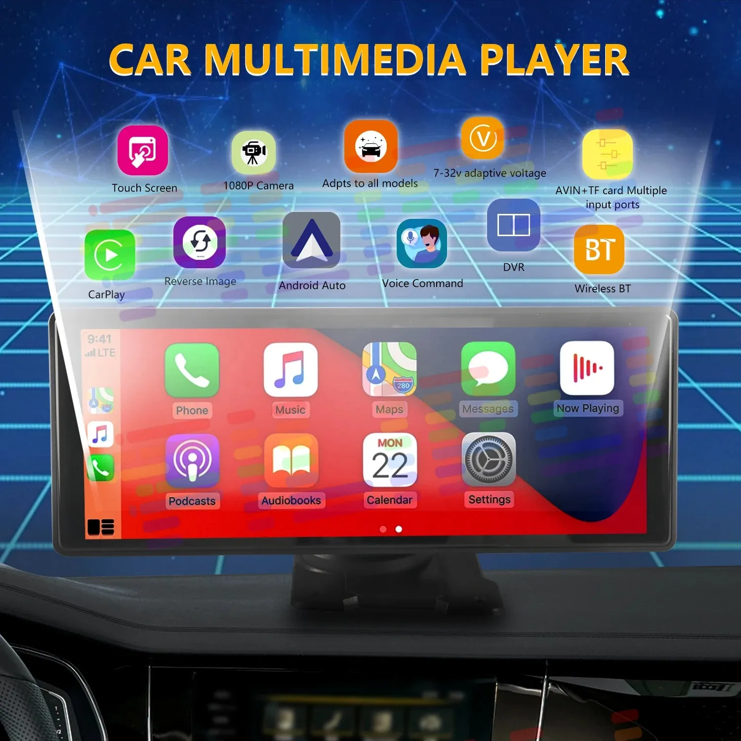 Apple Carplay sem fio, estéreo portátil para carro, Android Auto Navegação, Controle de Voz, Bluetooth, MP5 Música, AUX, 10.26 "Touchscreen