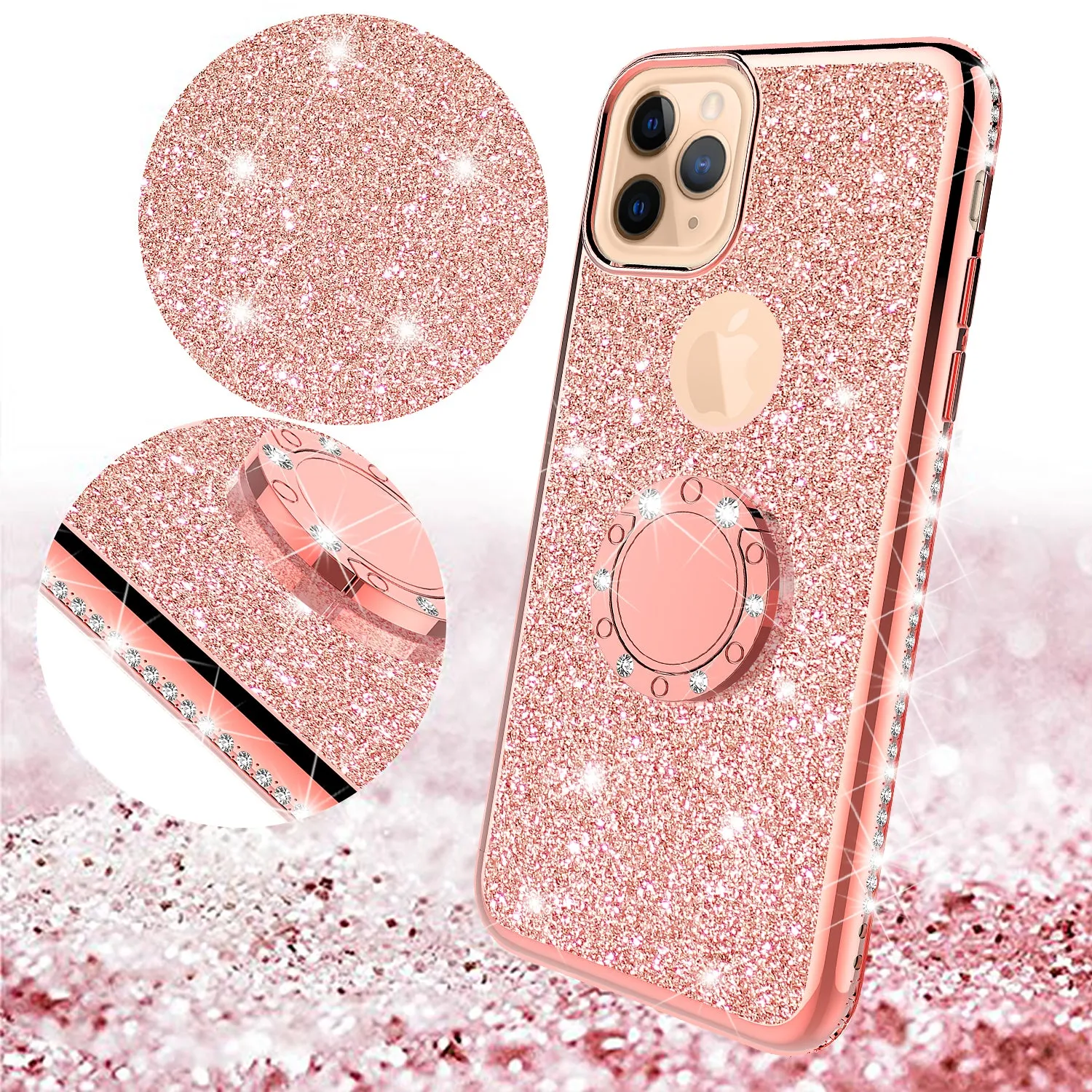 Apple iPhone 11 Case, Glitter Cute Phone Case Girls with Kickstand,Bling Diamond Rhinestone Bumper Ring Stand Sparkly Luxury Clear Thin Soft Protective Apple iPhone 11 Case for Girl Women - Rose Gold