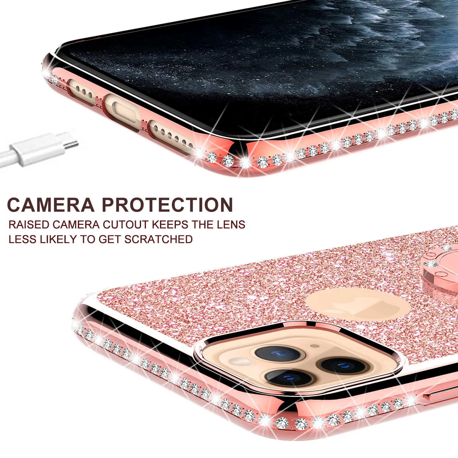 Apple iPhone 11 Case, Glitter Cute Phone Case Girls with Kickstand,Bling Diamond Rhinestone Bumper Ring Stand Sparkly Luxury Clear Thin Soft Protective Apple iPhone 11 Case for Girl Women - Rose Gold