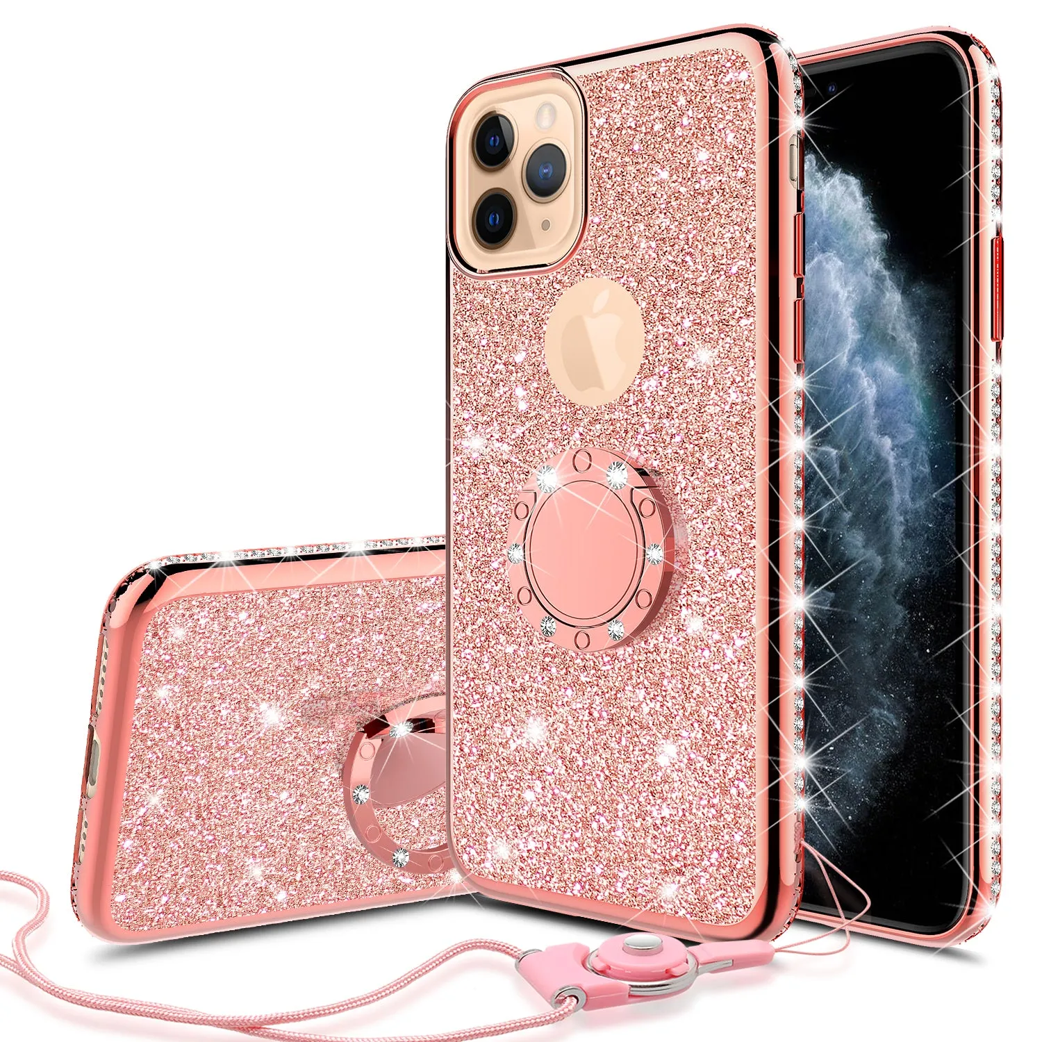 Apple iPhone 11 Case, Glitter Cute Phone Case Girls with Kickstand,Bling Diamond Rhinestone Bumper Ring Stand Sparkly Luxury Clear Thin Soft Protective Apple iPhone 11 Case for Girl Women - Rose Gold