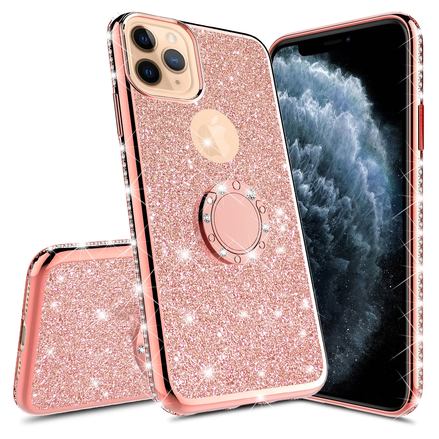 Apple iPhone 11 Case, Glitter Cute Phone Case Girls with Kickstand,Bling Diamond Rhinestone Bumper Ring Stand Sparkly Luxury Clear Thin Soft Protective Apple iPhone 11 Case for Girl Women - Rose Gold