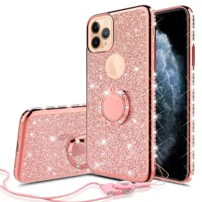 Apple iPhone 12 mini Case, Glitter Cute Phone Case Girls with Kickstand,Bling Diamond Rhinestone Bumper Ring Stand Sparkly Luxury Clear Thin Soft Protective Apple iPhone 12 mini Case for Girl Women - Rose Gold