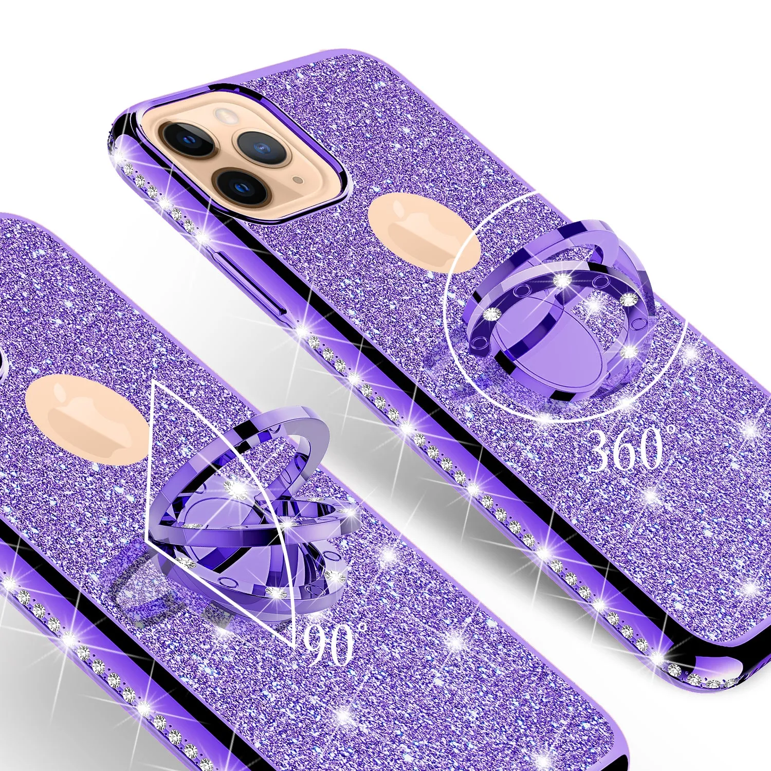 Apple iPhone 12 Pro Case, Glitter Cute Phone Case Girls with Kickstand,Bling Diamond Rhinestone Bumper Ring Stand Sparkly Luxury Clear Thin Soft Protective Apple iPhone 12 Pro Case for Girl Women - Purple