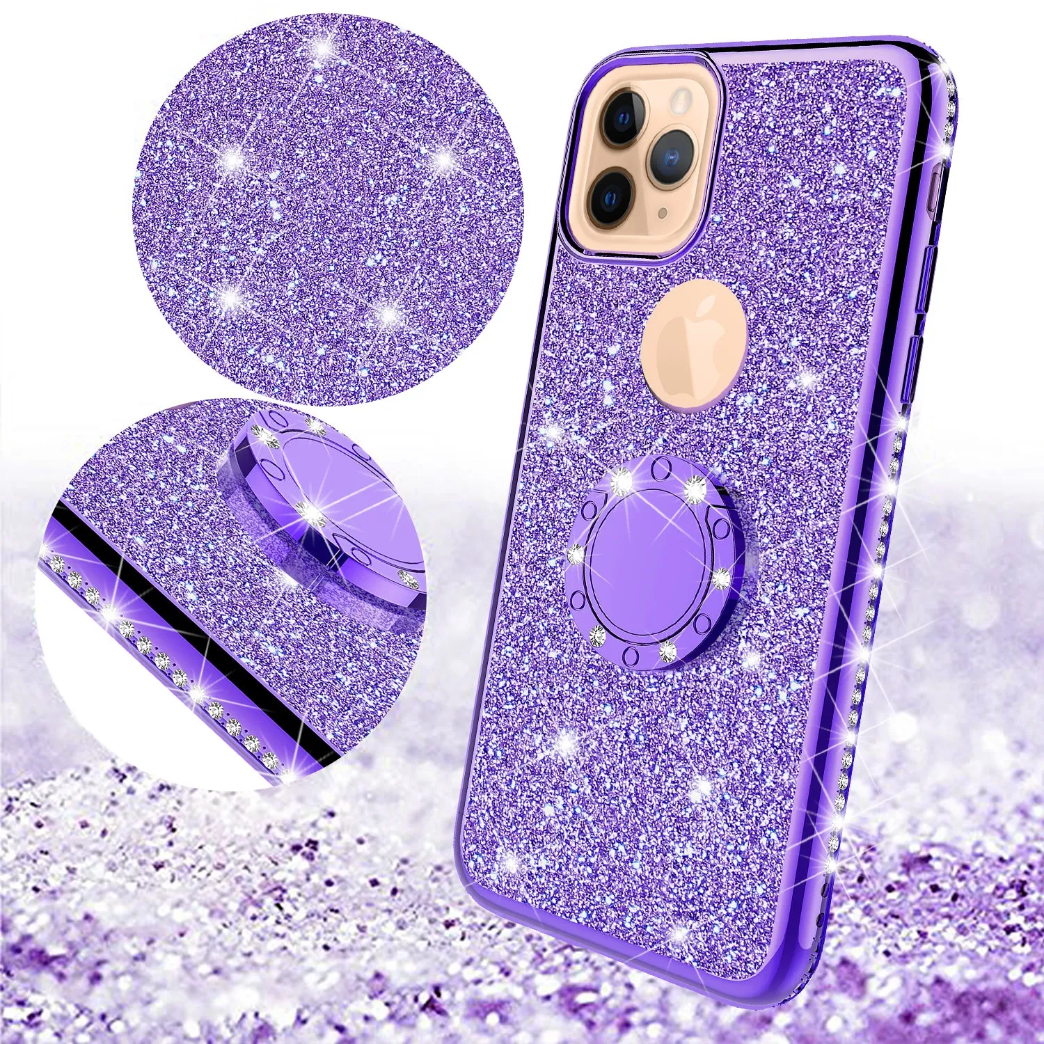 Apple iPhone 12 Pro Case, Glitter Cute Phone Case Girls with Kickstand,Bling Diamond Rhinestone Bumper Ring Stand Sparkly Luxury Clear Thin Soft Protective Apple iPhone 12 Pro Case for Girl Women - Purple