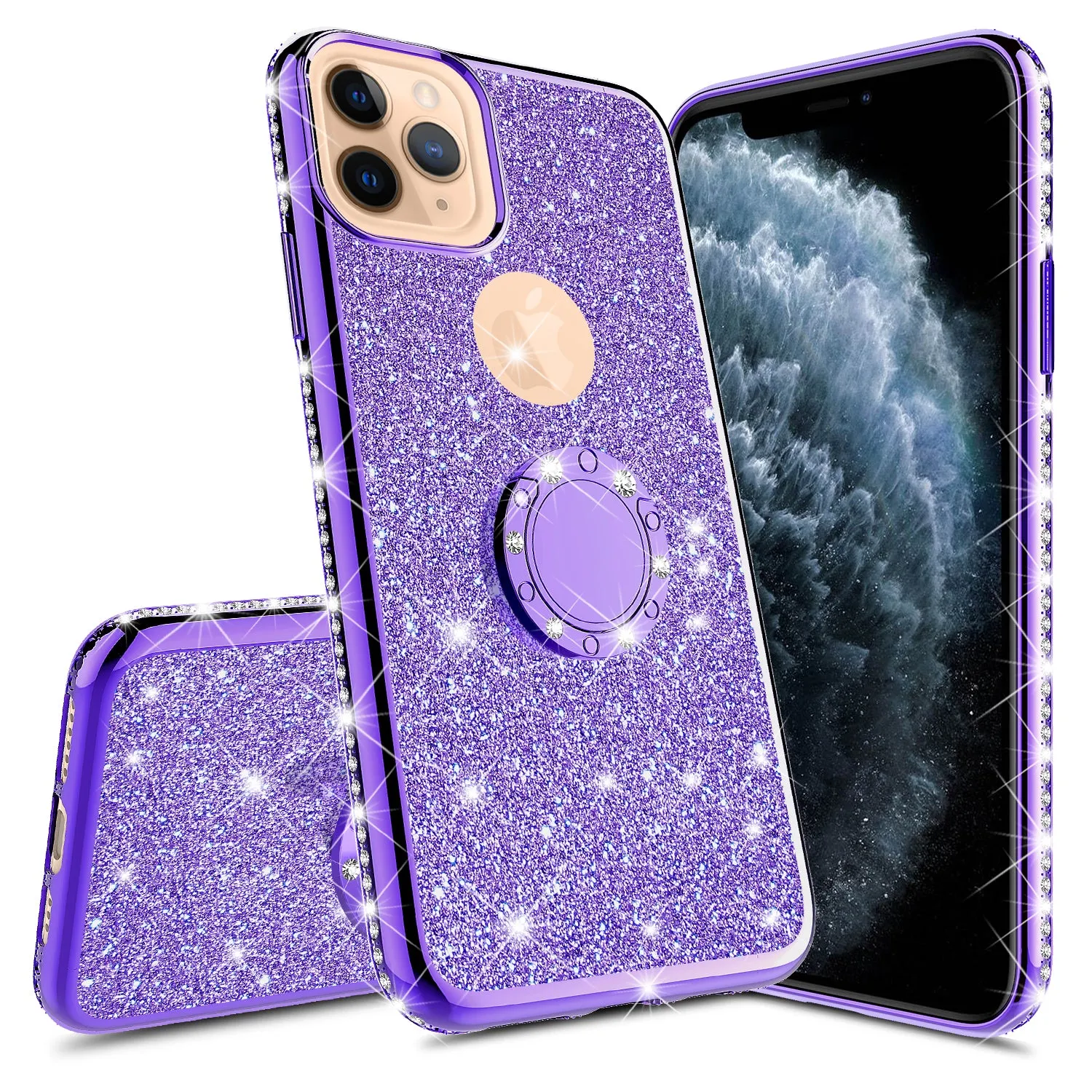 Apple iPhone 12 Pro Case, Glitter Cute Phone Case Girls with Kickstand,Bling Diamond Rhinestone Bumper Ring Stand Sparkly Luxury Clear Thin Soft Protective Apple iPhone 12 Pro Case for Girl Women - Purple