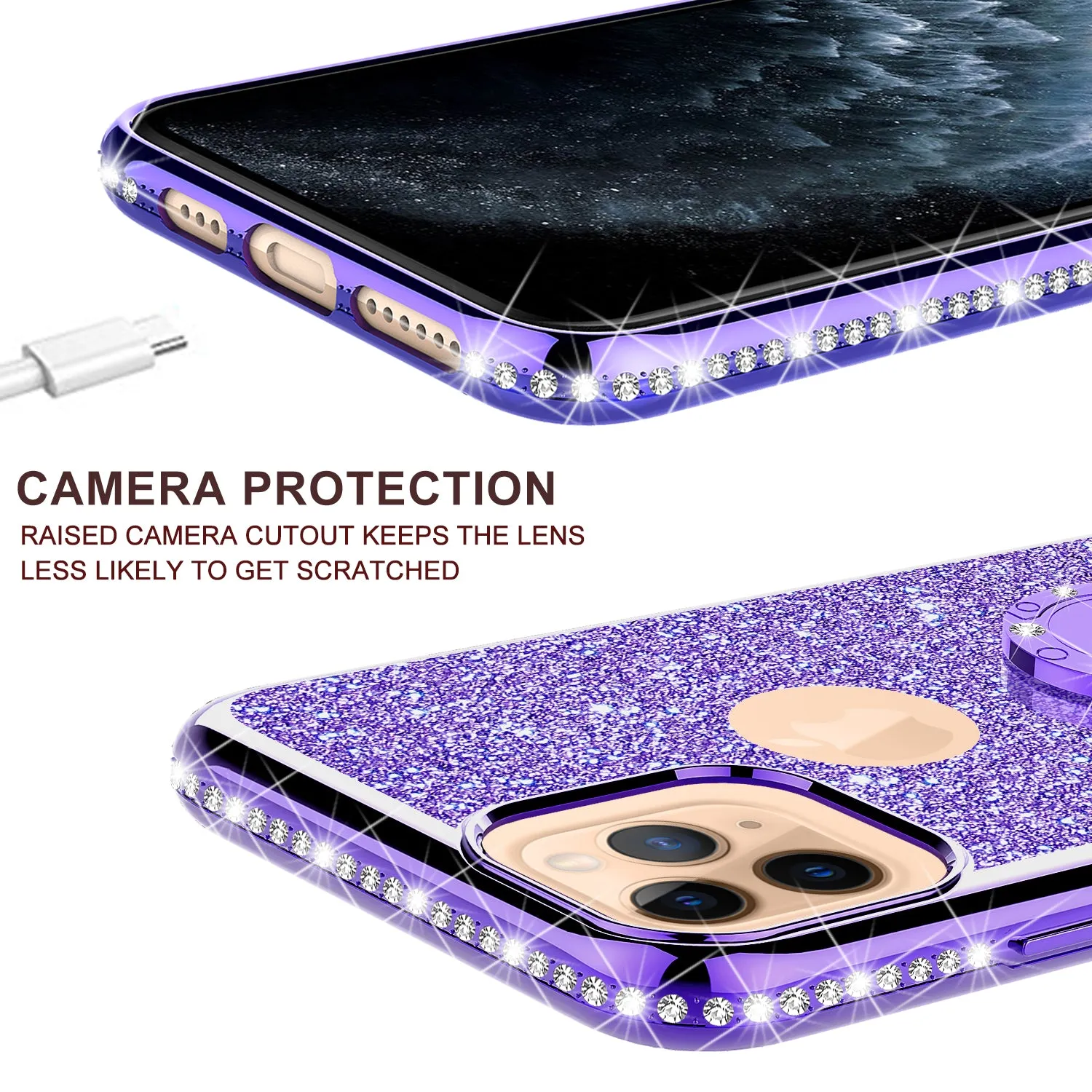 Apple iPhone 12 Pro Case, Glitter Cute Phone Case Girls with Kickstand,Bling Diamond Rhinestone Bumper Ring Stand Sparkly Luxury Clear Thin Soft Protective Apple iPhone 12 Pro Case for Girl Women - Purple