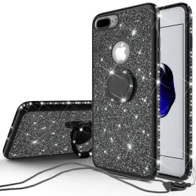 Apple iPhone 8 Case, Glitter Cute Phone Case Girls with Kickstand,Bling Diamond Rhinestone Bumper Ring Stand Sparkly Luxury Clear Thin Soft Protective Apple iPhone 8 Case for Girl Women - Black