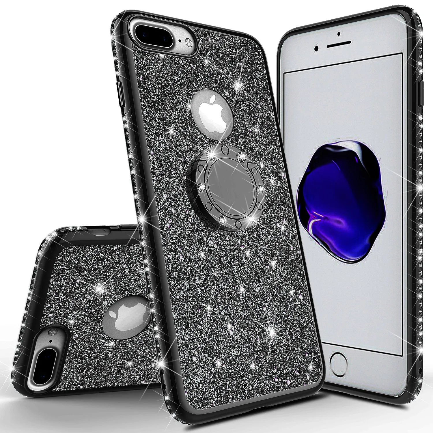 Apple iPhone 8 Case, Glitter Cute Phone Case Girls with Kickstand,Bling Diamond Rhinestone Bumper Ring Stand Sparkly Luxury Clear Thin Soft Protective Apple iPhone 8 Case for Girl Women - Black