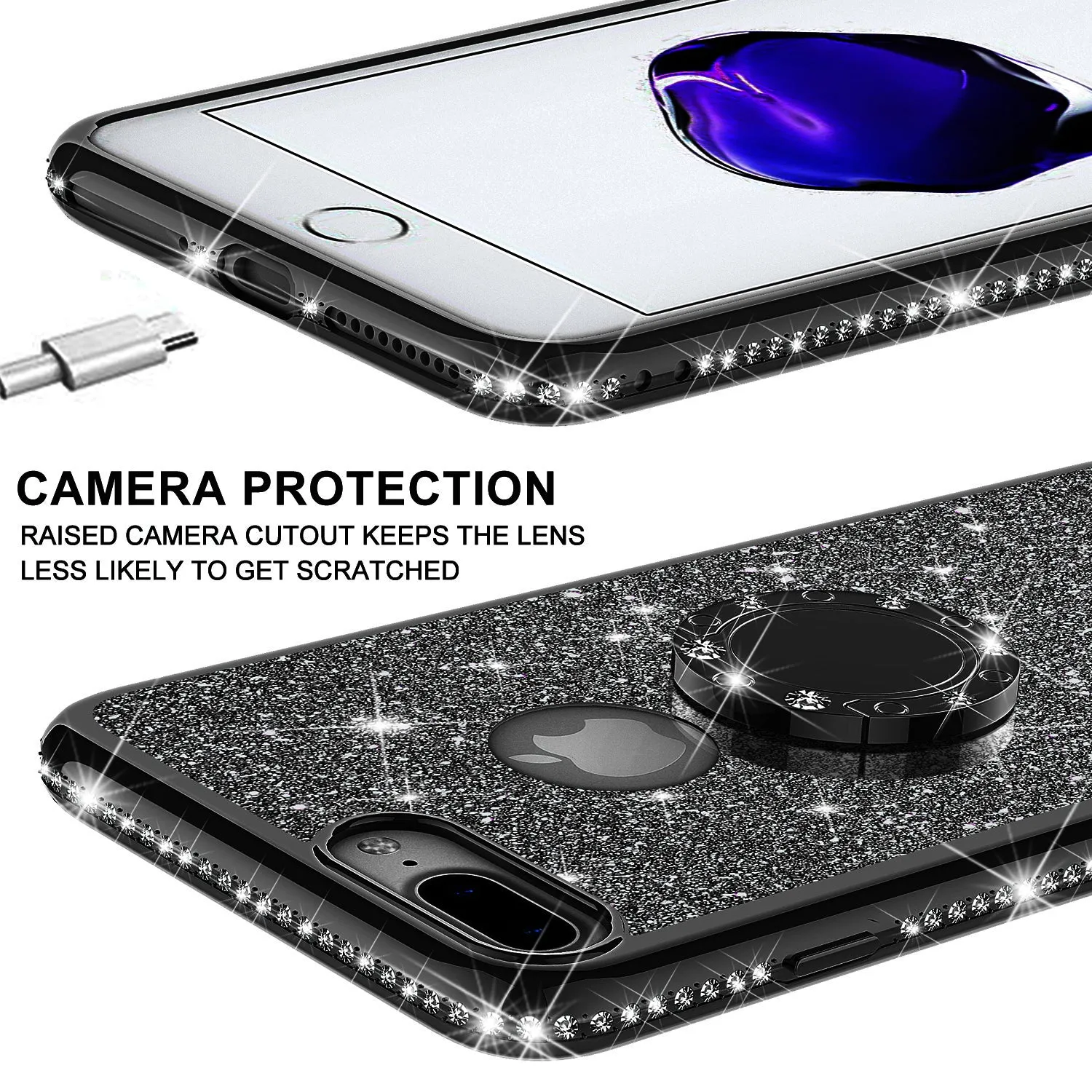 Apple iPhone 8 Case, Glitter Cute Phone Case Girls with Kickstand,Bling Diamond Rhinestone Bumper Ring Stand Sparkly Luxury Clear Thin Soft Protective Apple iPhone 8 Case for Girl Women - Black