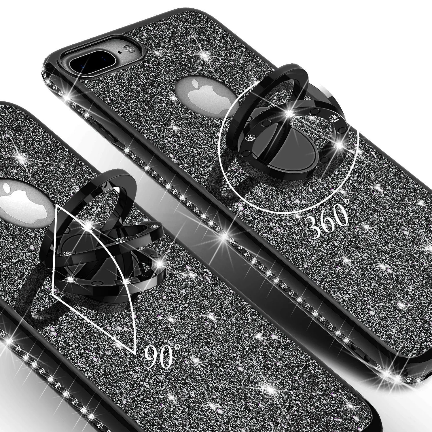 Apple iPhone 8 Case, Glitter Cute Phone Case Girls with Kickstand,Bling Diamond Rhinestone Bumper Ring Stand Sparkly Luxury Clear Thin Soft Protective Apple iPhone 8 Case for Girl Women - Black