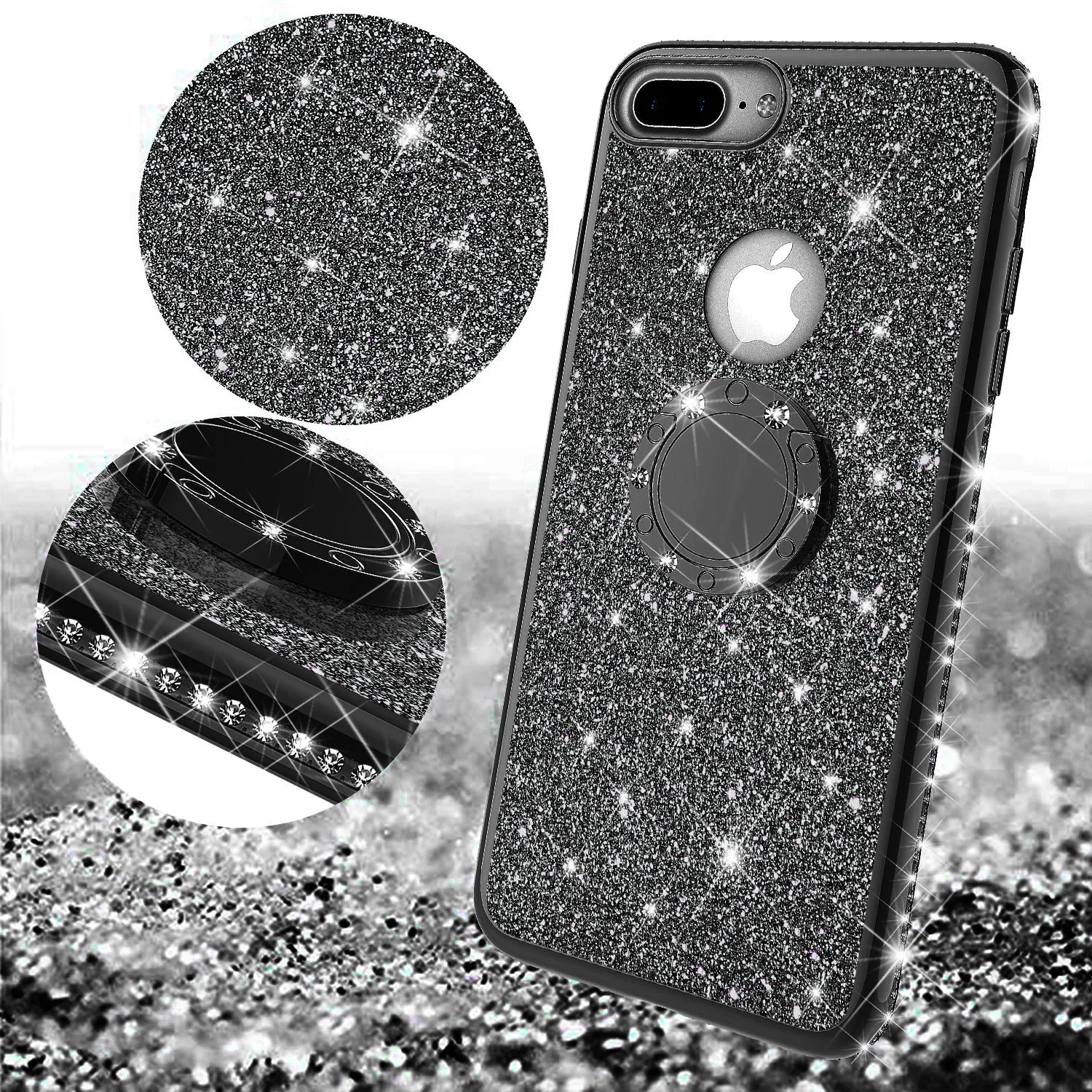 Apple iPhone 8 Case, Glitter Cute Phone Case Girls with Kickstand,Bling Diamond Rhinestone Bumper Ring Stand Sparkly Luxury Clear Thin Soft Protective Apple iPhone 8 Case for Girl Women - Black