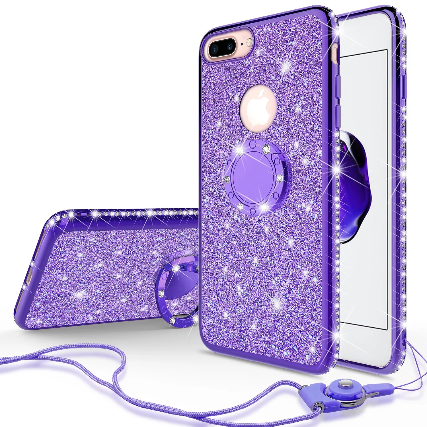 Apple iPhone 8 Case, Glitter Cute Phone Case Girls with Kickstand,Bling Diamond Rhinestone Bumper Ring Stand Sparkly Luxury Clear Thin Soft Protective Apple iPhone 8 Case for Girl Women - Purple