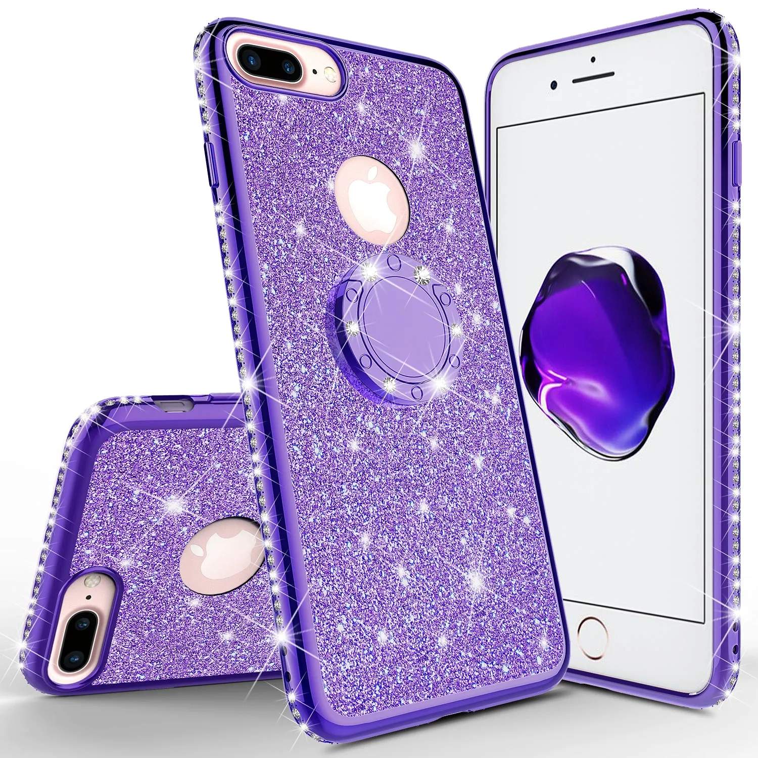 Apple iPhone 8 Case, Glitter Cute Phone Case Girls with Kickstand,Bling Diamond Rhinestone Bumper Ring Stand Sparkly Luxury Clear Thin Soft Protective Apple iPhone 8 Case for Girl Women - Purple