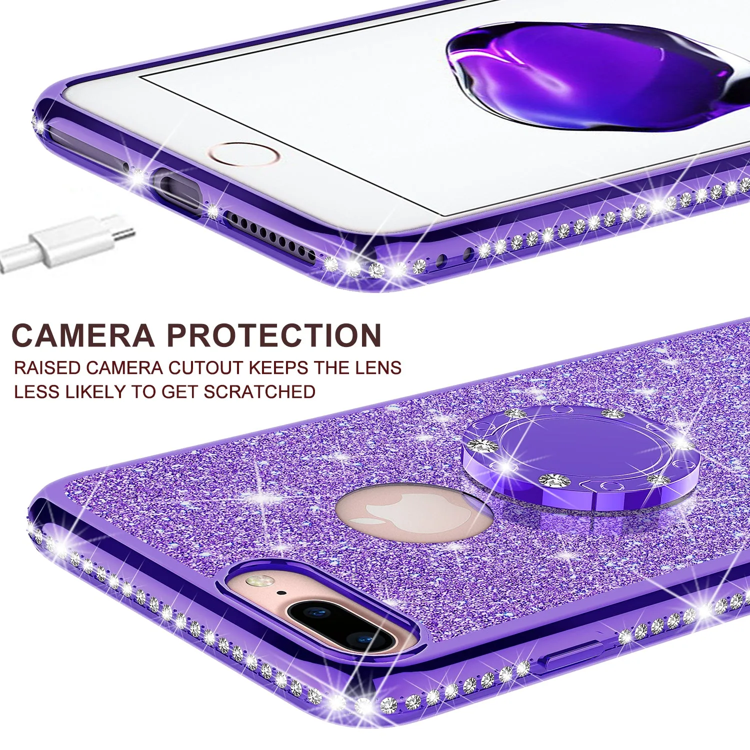 Apple iPhone 8 Case, Glitter Cute Phone Case Girls with Kickstand,Bling Diamond Rhinestone Bumper Ring Stand Sparkly Luxury Clear Thin Soft Protective Apple iPhone 8 Case for Girl Women - Purple