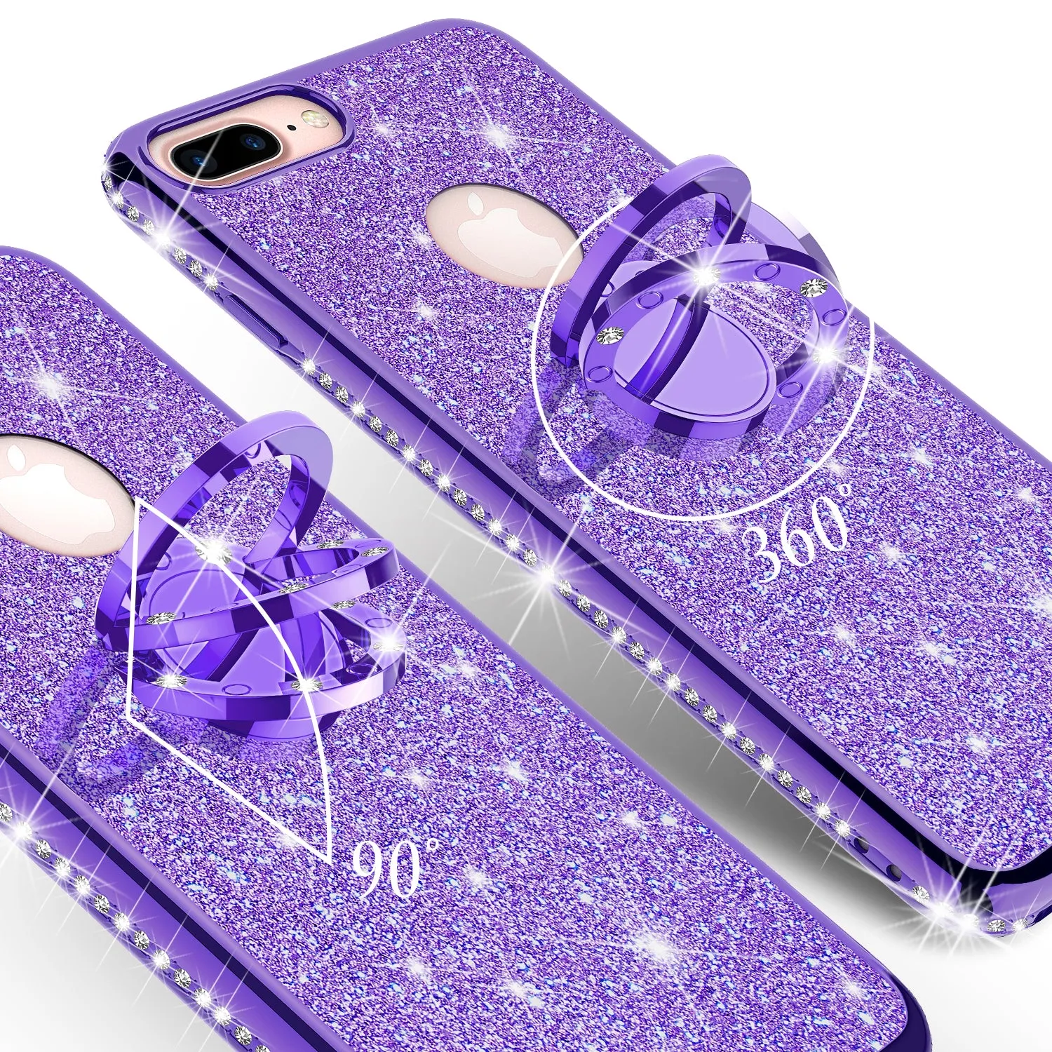 Apple iPhone 8 Case, Glitter Cute Phone Case Girls with Kickstand,Bling Diamond Rhinestone Bumper Ring Stand Sparkly Luxury Clear Thin Soft Protective Apple iPhone 8 Case for Girl Women - Purple