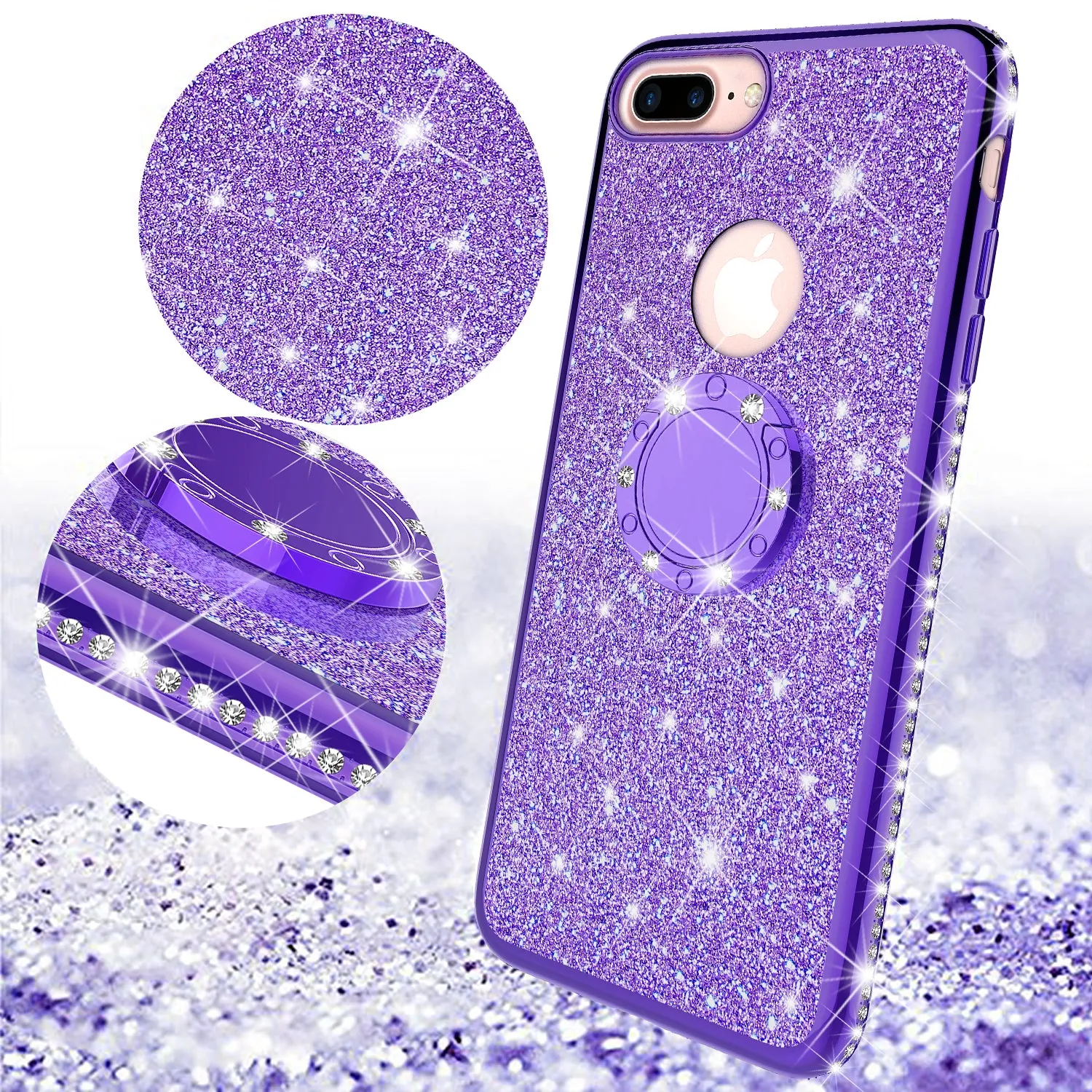 Apple iPhone 8 Case, Glitter Cute Phone Case Girls with Kickstand,Bling Diamond Rhinestone Bumper Ring Stand Sparkly Luxury Clear Thin Soft Protective Apple iPhone 8 Case for Girl Women - Purple