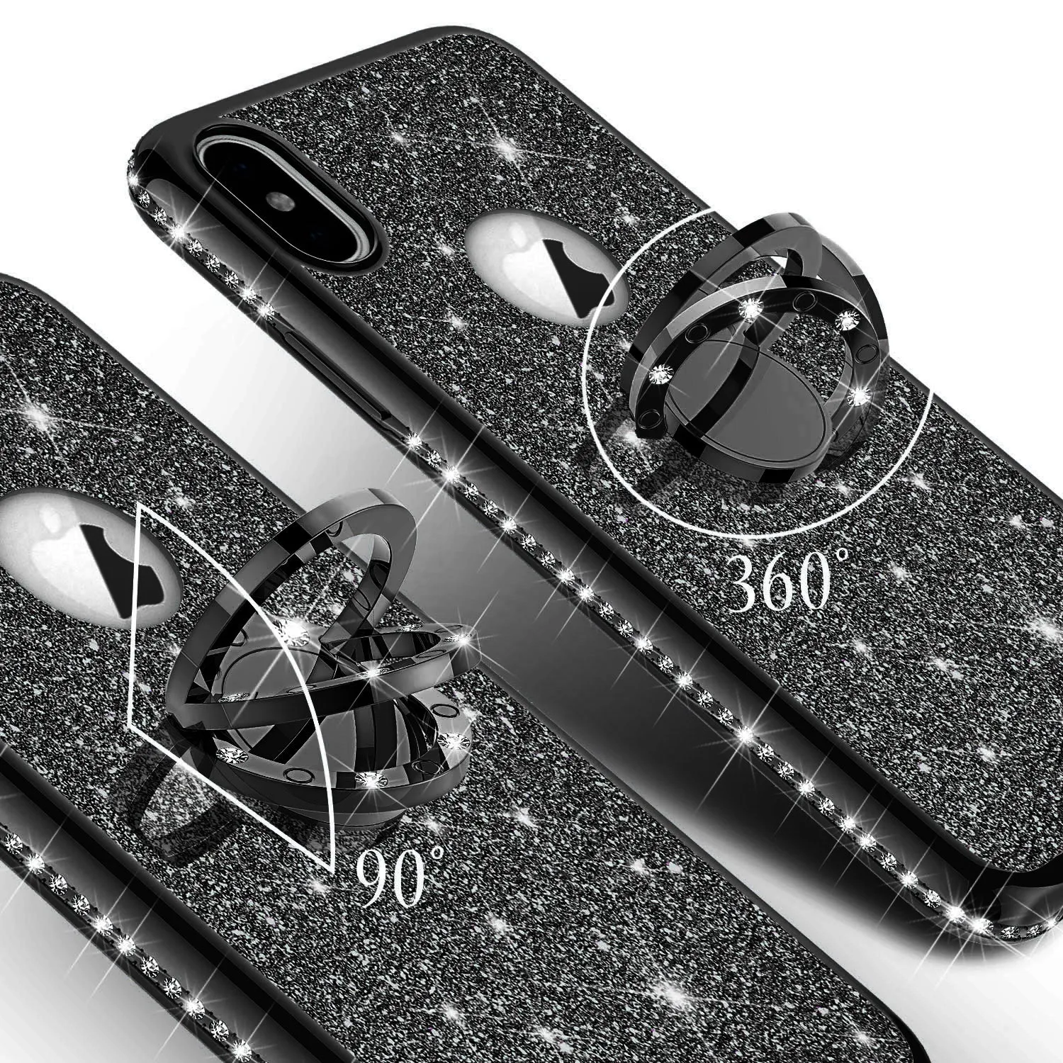 Apple iPhone XR , Apple A1984 Case, Glitter Cute Phone Case Girls with Kickstand,Bling Diamond Rhinestone Bumper Ring Stand Sparkly Luxury Clear Thin Soft Protective Apple iPhone XR Case for Girl Women - Black