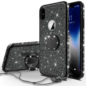 Apple iPhone XR , Apple A1984 Case, Glitter Cute Phone Case Girls with Kickstand,Bling Diamond Rhinestone Bumper Ring Stand Sparkly Luxury Clear Thin Soft Protective Apple iPhone XR Case for Girl Women - Black