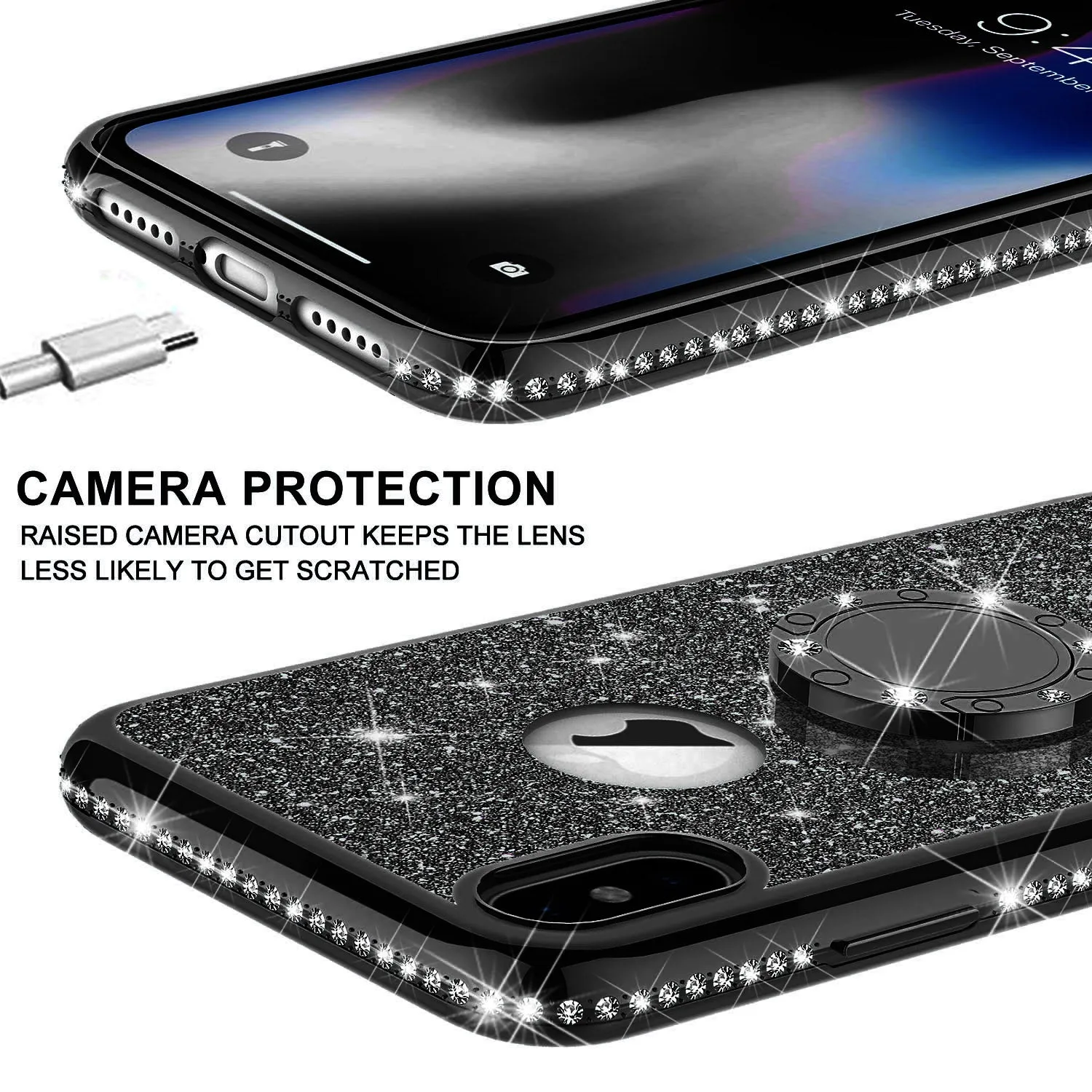 Apple iPhone XR , Apple A1984 Case, Glitter Cute Phone Case Girls with Kickstand,Bling Diamond Rhinestone Bumper Ring Stand Sparkly Luxury Clear Thin Soft Protective Apple iPhone XR Case for Girl Women - Black