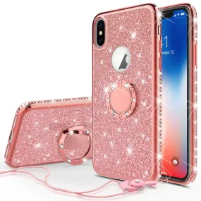 Apple iPhone XR , Apple A1984 Case, Glitter Cute Phone Case Girls with Kickstand,Bling Diamond Rhinestone Bumper Ring Stand Sparkly Luxury Clear Thin Soft Protective Apple iPhone XR Case for Girl Women - Rose Gold