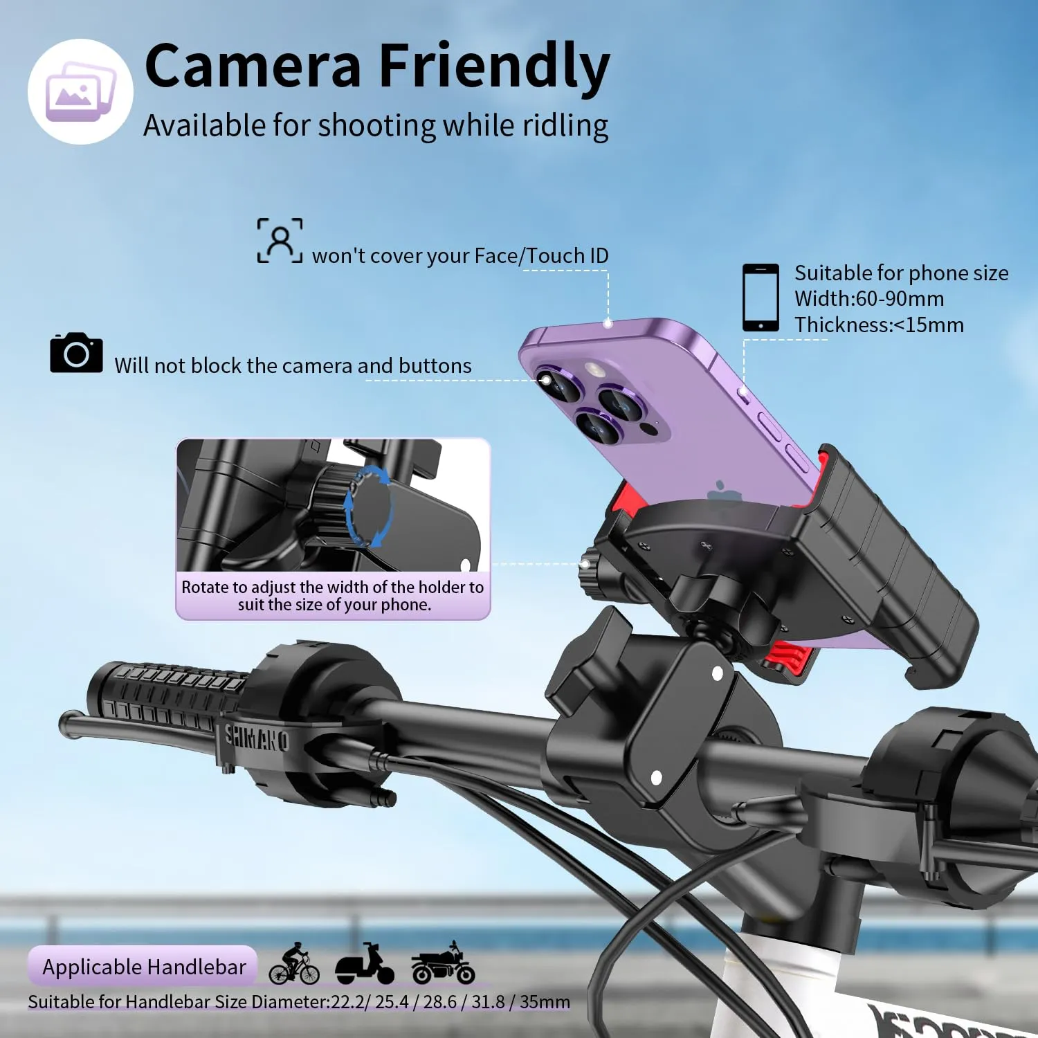 Bike Phone Mount Holder, [Camera Friendly] Motorcycle Phone Mount for Electric Scooter, Mountain, Dirt Bike and Motorcycle - 360° Rotate Suitable for iPhone & Android Smartphones from 4.5-7.0 inches