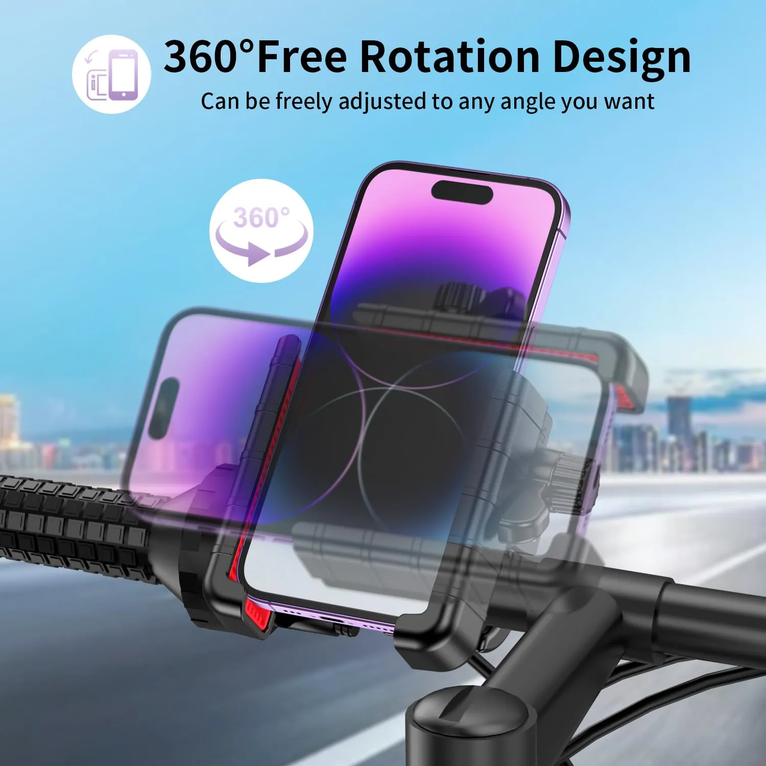 Bike Phone Mount Holder, [Camera Friendly] Motorcycle Phone Mount for Electric Scooter, Mountain, Dirt Bike and Motorcycle - 360° Rotate Suitable for iPhone & Android Smartphones from 4.5-7.0 inches