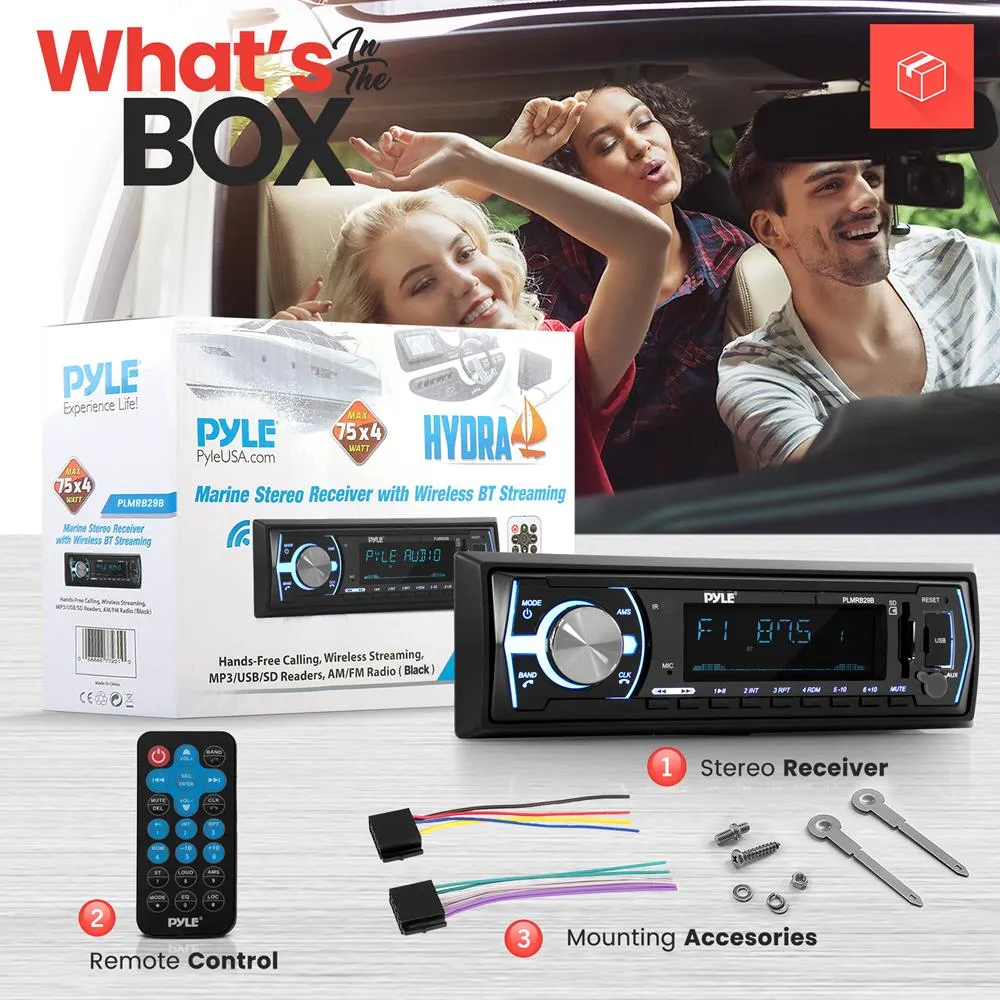 Bluetooth Marine In-Dash Stereo Receiver, Wireless Music Streaming, Hands-Free Call Answering, Mp3 Playback, Usb/Sd Card Readers, Aux (3.5Mm) Input, Remote Control, Single Din (Black)