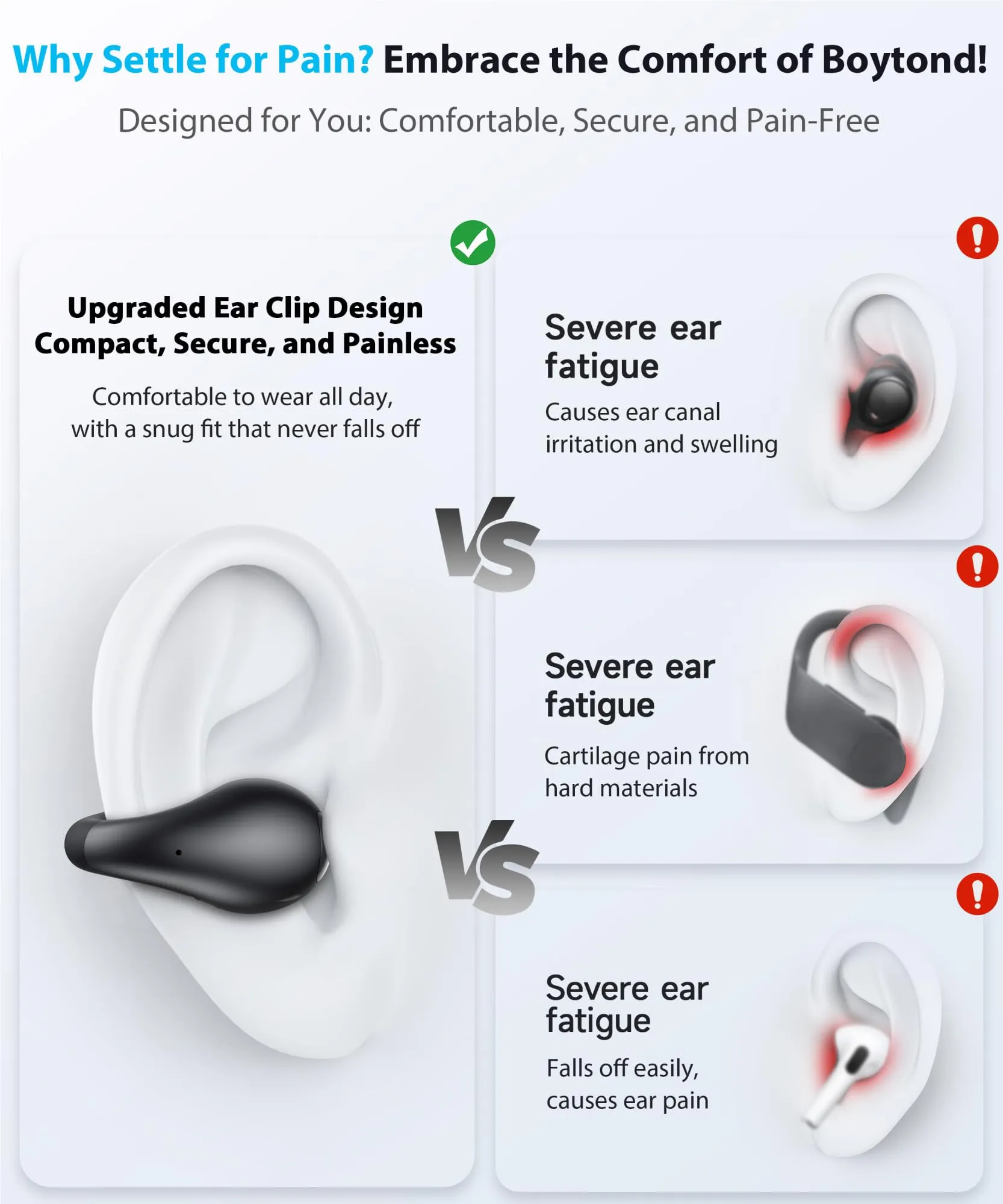 Boytond Ultra Open Ear Earbuds - Bone Conduction Earbuds with Wireless Bluetooth, Clip on Headphones, Over-The-Ear Earbuds Comfortable for Fitness, Running, and Gym Workouts, Designed for Small Ears