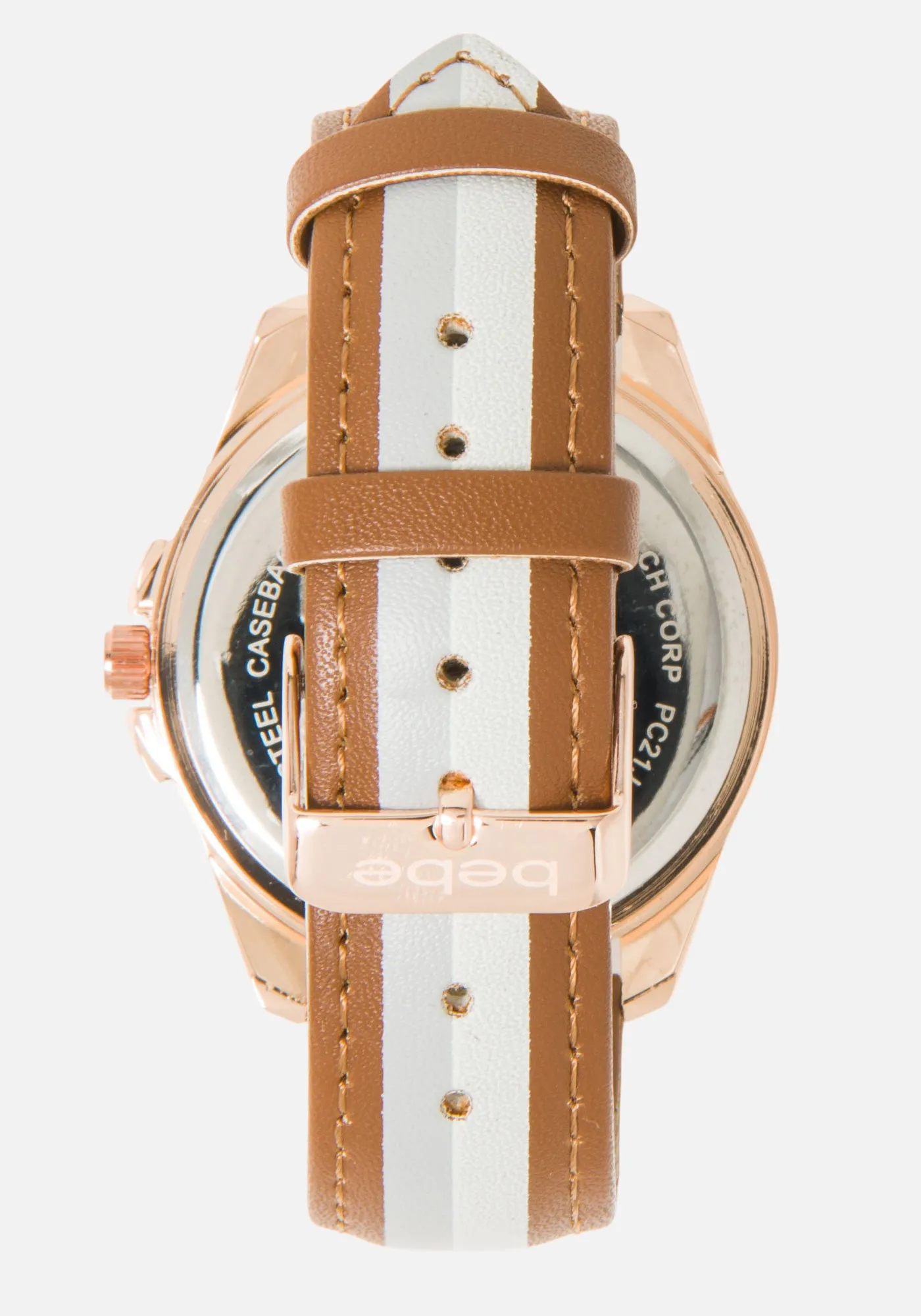 Brown Crystal Bebe Logo Stripe Band Watch