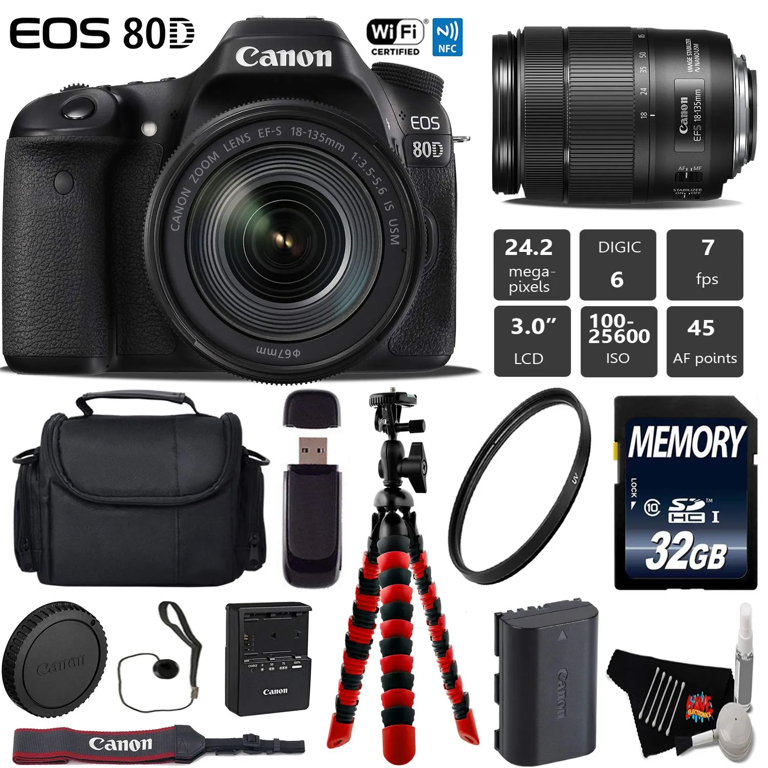 Canon EOS 80D DSLR Camera with 18-135mm is STM Lens   Flexible Tripod   UV Protection Filter   Professional Case   Card Starter Bundle