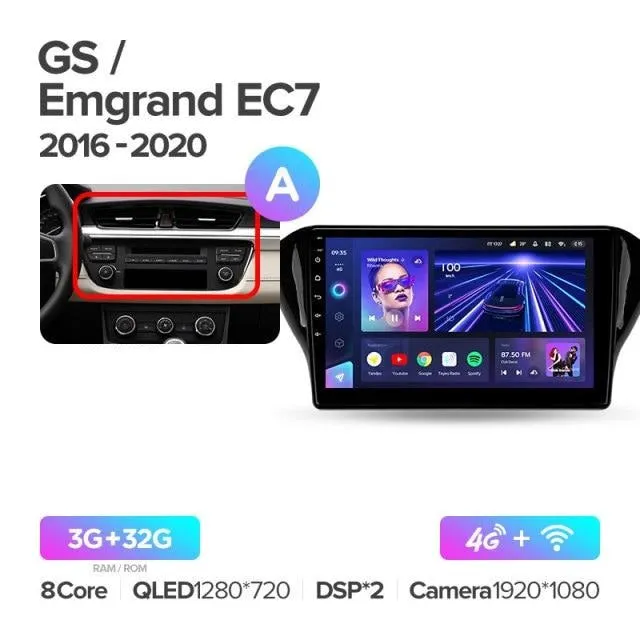 Car Dealz Elite 4G Data Model 10.2" Android 12.0 For Geely GS 2016 - 2020 Emgrand EC7 1 2018 - 2020 In Dash Plus OEM Fascia