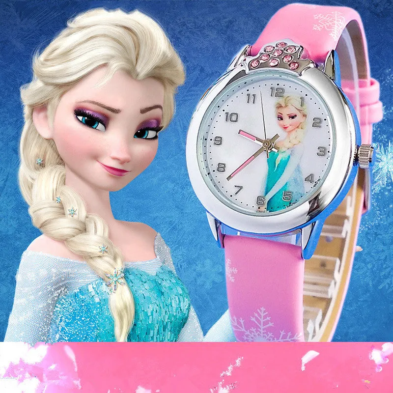 Cartoon Children Watch Princess Elsa Anna Watches Fashion Kids Cute Leather quartz WristWatch