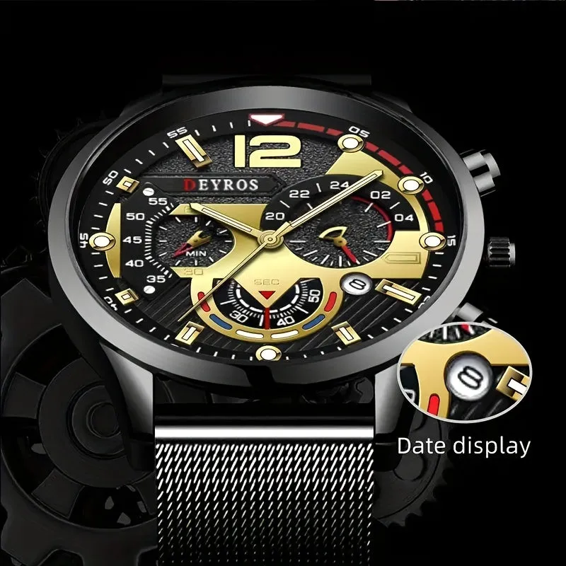 DEYROS Mens Fashion Business Mesh Quartz Watch