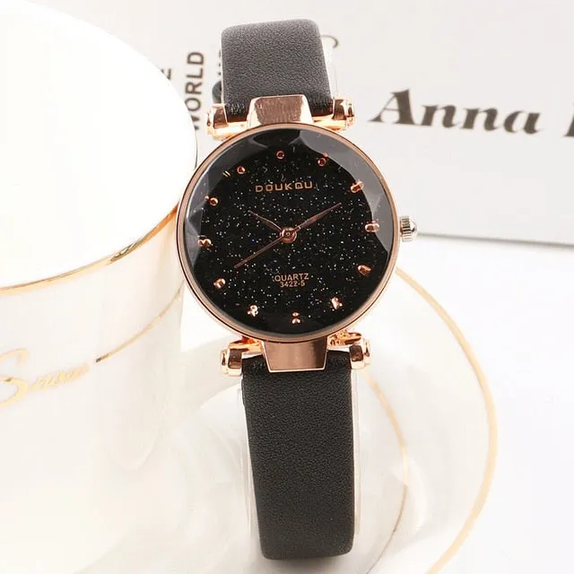 DOUKOU New Brand Mori Girl Watch Indie Pops Women Quartiz Watch Wristwatch Fashion Black Star Leather Lady Watch For Woman