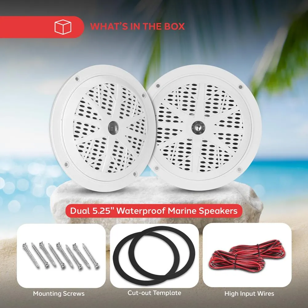 Dual 5.25'' Waterproof Marine Speakers, 2-Way Full Range Stereo Sound, 100 Watt, White