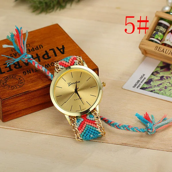 Fashion Geneva Watches Women Quartz Watches Multicolor Friendship Watch Braided Rope Bracelet Watch