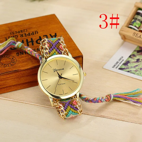 Fashion Geneva Watches Women Quartz Watches Multicolor Friendship Watch Braided Rope Bracelet Watch