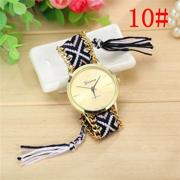 Fashion Geneva Watches Women Quartz Watches Multicolor Friendship Watch Braided Rope Bracelet Watch