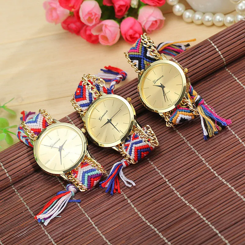 Fashion Geneva Watches Women Quartz Watches Multicolor Friendship Watch Braided Rope Bracelet Watch