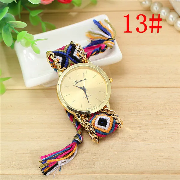 Fashion Geneva Watches Women Quartz Watches Multicolor Friendship Watch Braided Rope Bracelet Watch